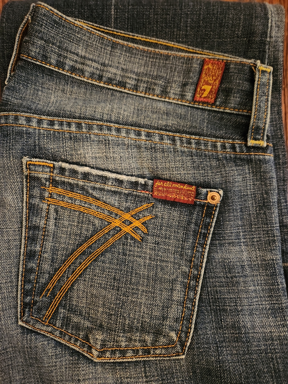 7 For All Mankind Women’s Medium Blue Flare Leg Jeans with Gold Stitching